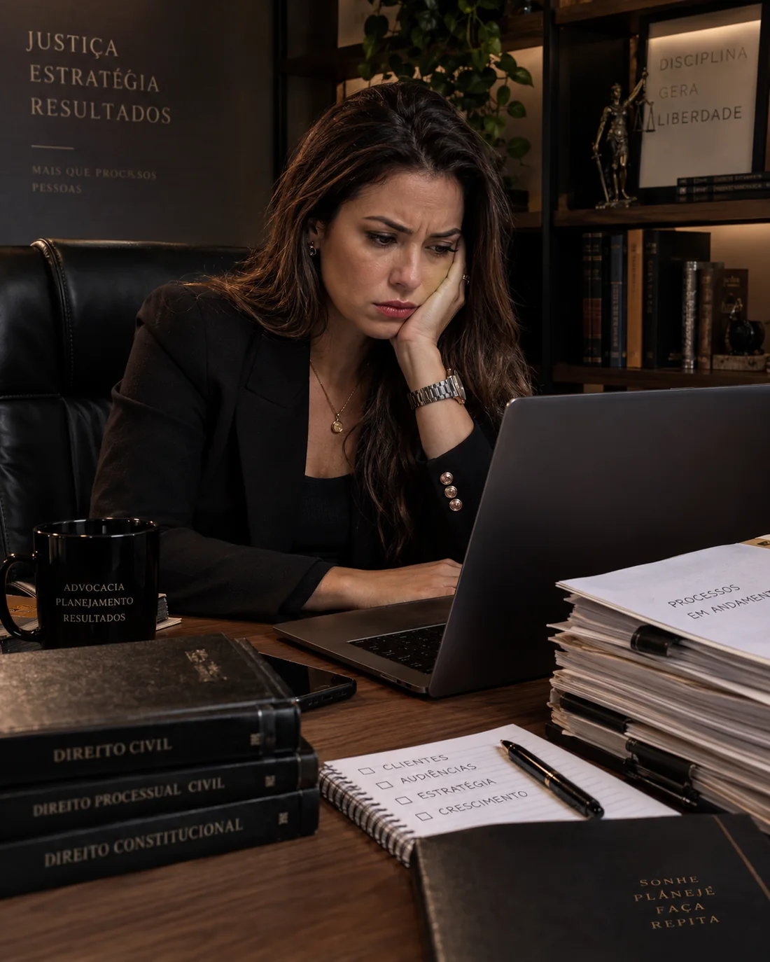 Antes: profissional cansada diante do notebook no escritório, sem saber o que postar