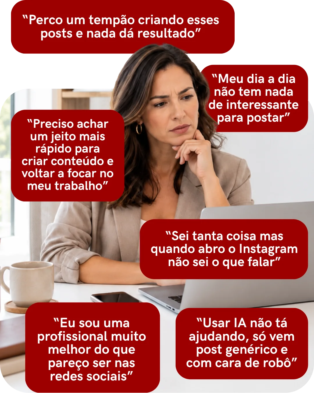 Mulher travada diante do notebook enquanto os mesmos pensamentos se repetem